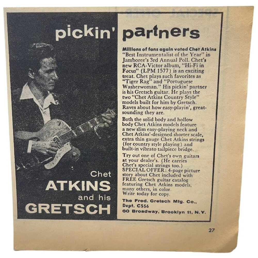 Chet Atkins and His Gretsch Guitar Print Ad Vintage 1950s Fred Gretsch Brooklyn